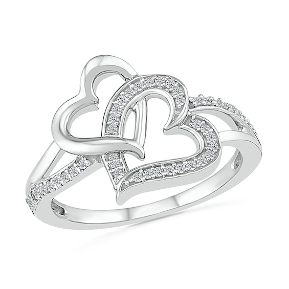 1/6 CT. T.w. Diamond Tilted and Sideways Double Interlocking Hearts Split Shank Promise Ring in Sterling Silver