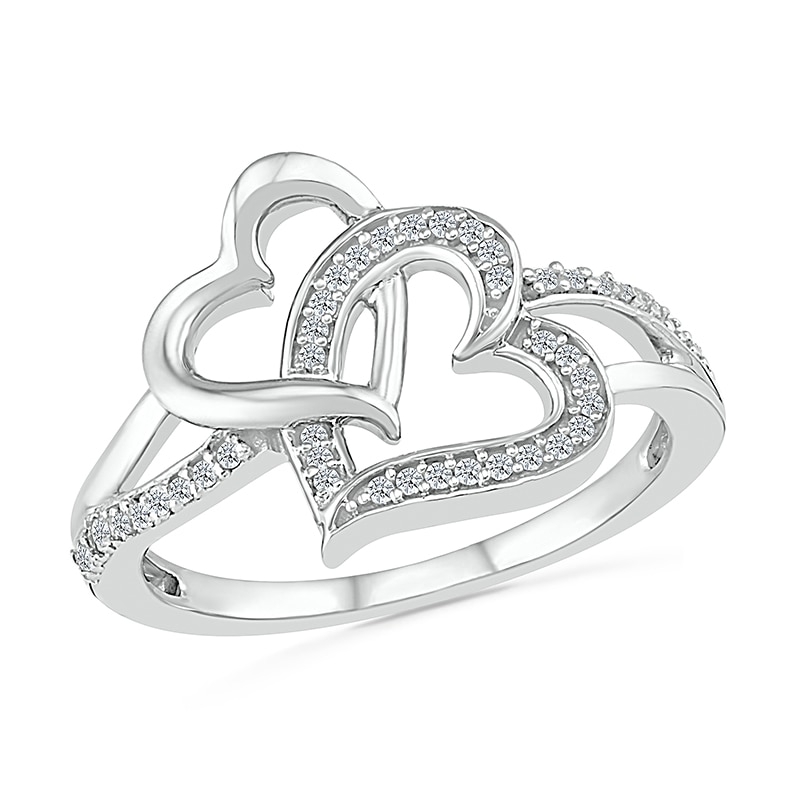 Main Image 1 of 1/6 CT. T.W. Diamond Tilted and Sideways Double Interlocking Hearts Split Shank Promise Ring in Sterling Silver