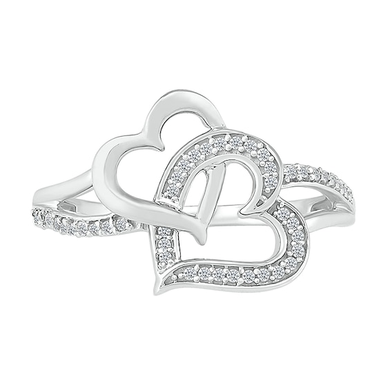 1/6 CT. T.w. Diamond Tilted and Sideways Double Interlocking Hearts Split Shank Promise Ring in Sterling Silver