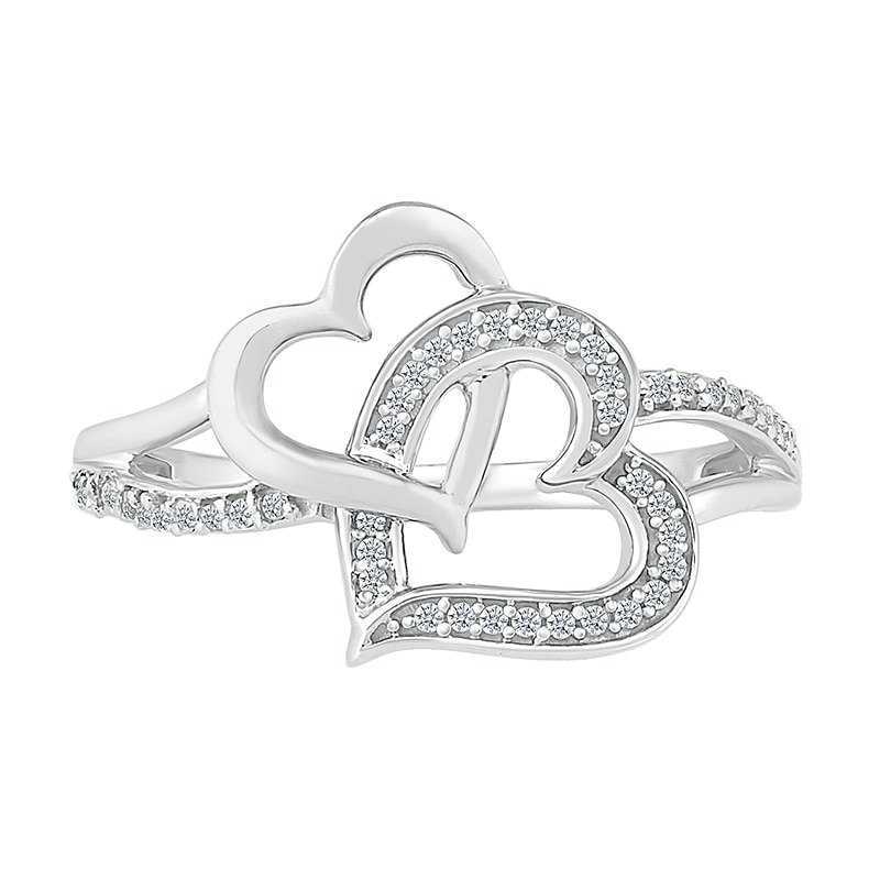 Main Image 2 of 1/6 CT. T.W. Diamond Tilted and Sideways Double Interlocking Hearts Split Shank Promise Ring in Sterling Silver