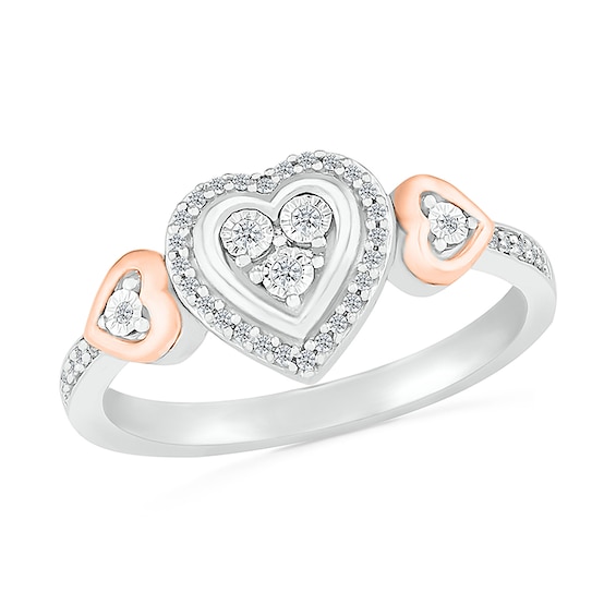 1/8 CT. T.w. Diamond Heart Frame Heart-Sides Promise Ring in Sterling Silver and 10K Rose Gold