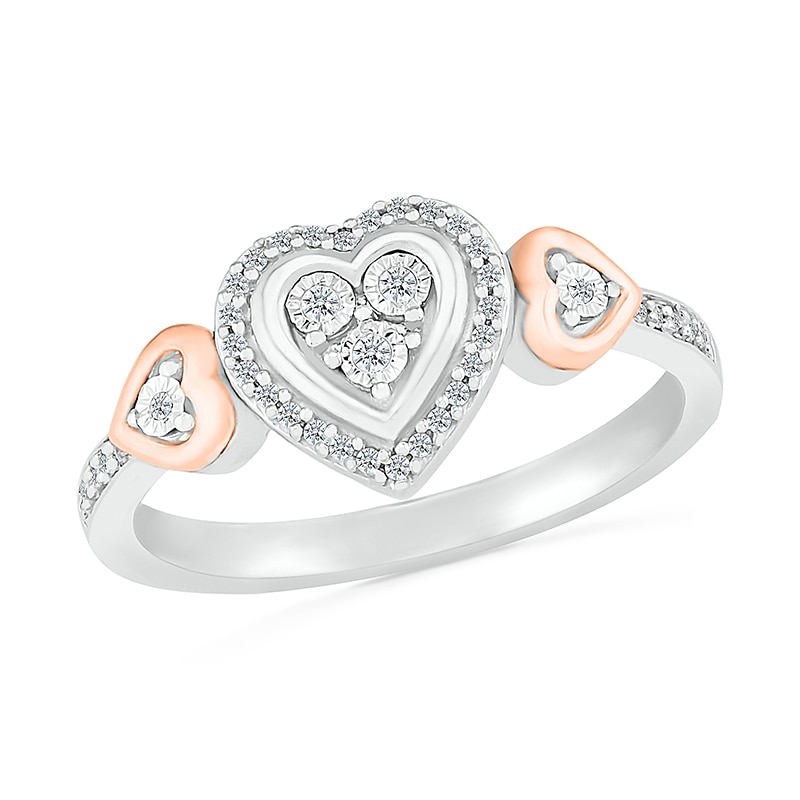 Main Image 1 of 1/8 CT. T.W. Diamond Heart Frame Heart-Sides Promise Ring in Sterling Silver and 10K Rose Gold