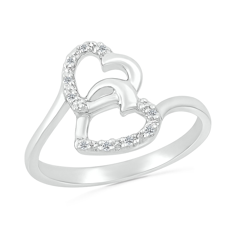 Main Image 1 of 1/20 CT. T.W. Diamond Titled Interlocking Hearts Promise Ring in Sterling Silver