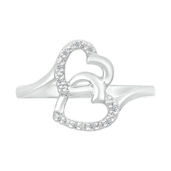 1/20 CT. T.w. Diamond Titled Interlocking Hearts Promise Ring in Sterling Silver