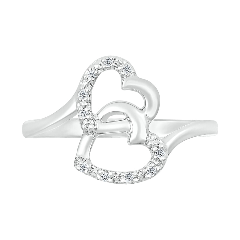 Main Image 3 of 1/20 CT. T.W. Diamond Titled Interlocking Hearts Promise Ring in Sterling Silver