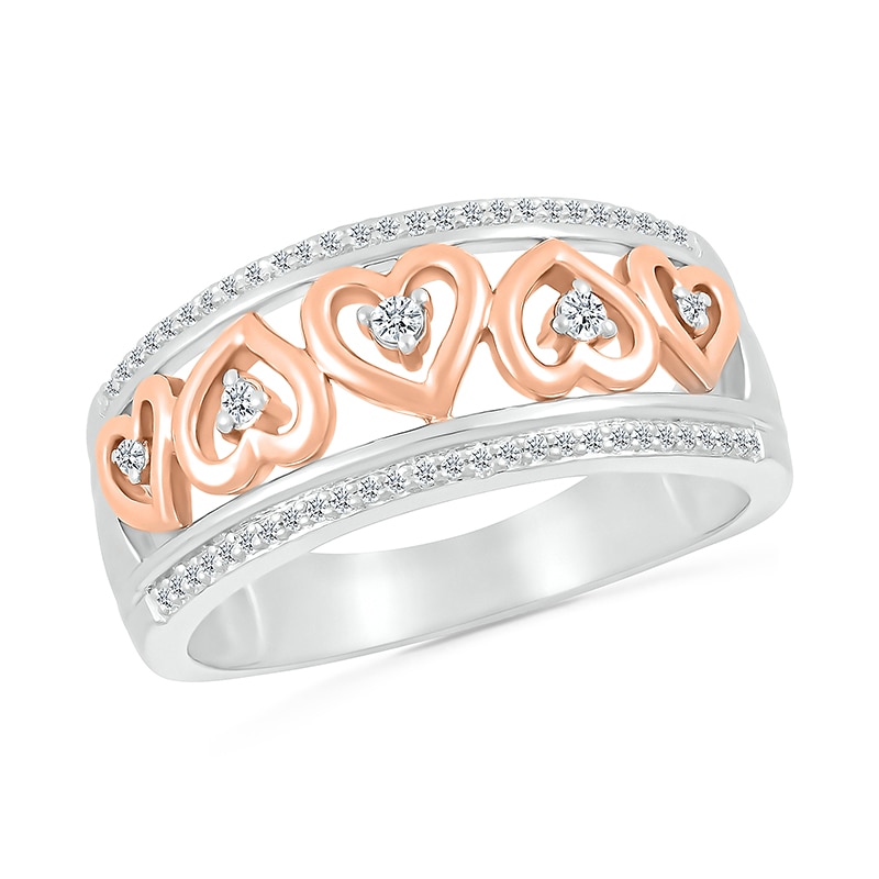 Main Image 1 of 1/6 CT. T.W. Diamond Alternating Heart Frame Promise Ring in Sterling Silver and 14K Rose Gold Plate