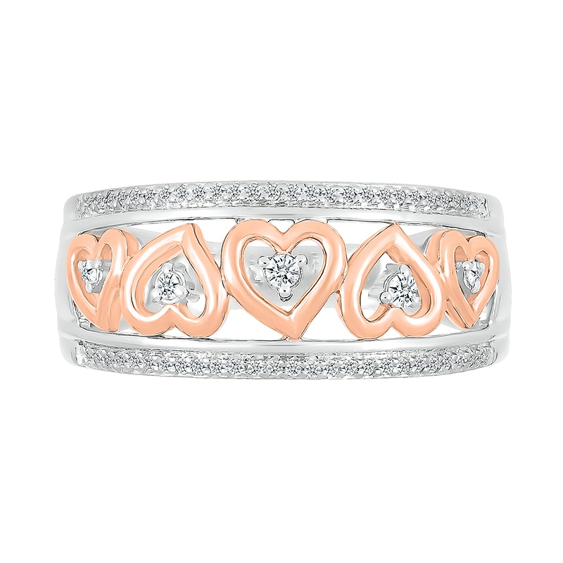 Main Image 3 of 1/6 CT. T.W. Diamond Alternating Heart Frame Promise Ring in Sterling Silver and 14K Rose Gold Plate
