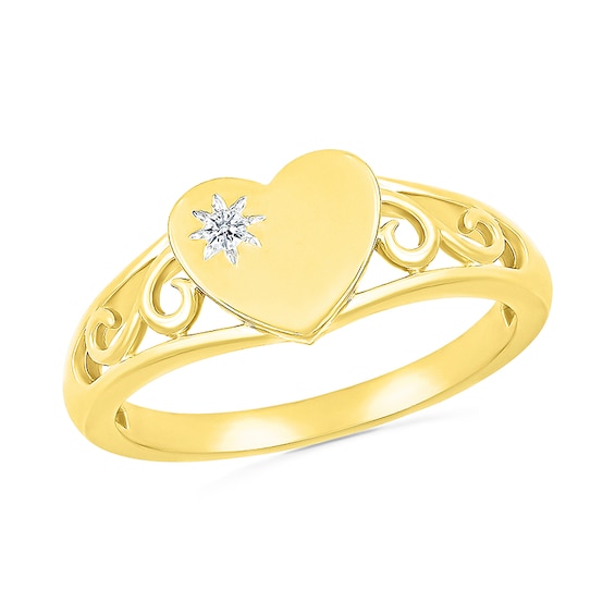Diamond Accent Etched Sun Heart Scroll Open Shank Promise Ring in Sterling Silver with 14K Gold Plate