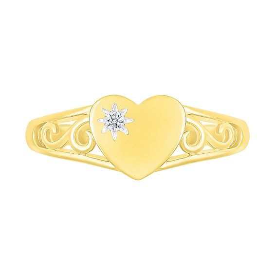 Diamond Accent Etched Sun Heart Scroll Open Shank Promise Ring in Sterling Silver with 14K Gold Plate