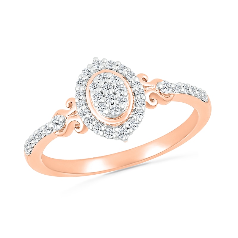 1/5 CT. T.W. Oval Multi-Diamond Frame Scroll Shank Promise Ring in 10K Rose Gold