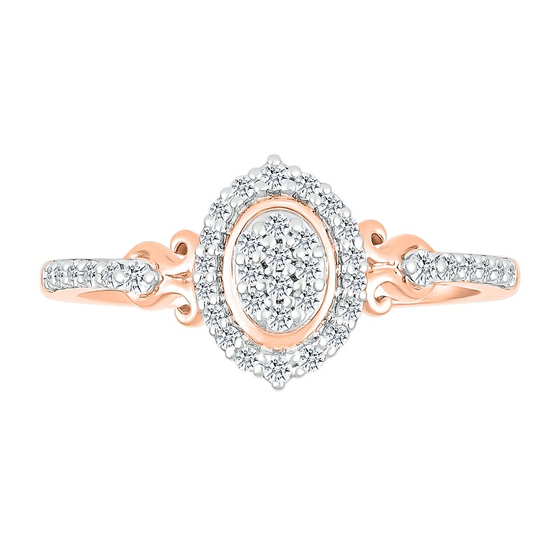 1/5 CT. T.W. Oval Multi-Diamond Frame Scroll Shank Promise Ring in 10K Rose Gold