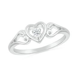 1/20 CT. Diamond Solitaire Heart Scroll Shank Promise Ring in Sterling Silver