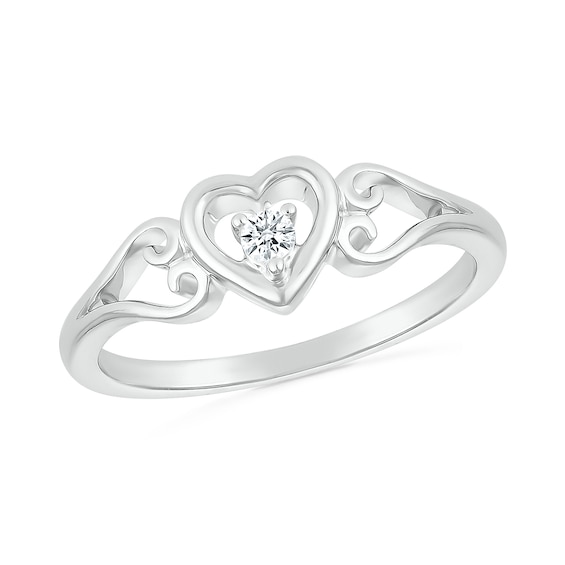 1/20 CT. Diamond Solitaire Heart Scroll Shank Promise Ring in Sterling Silver