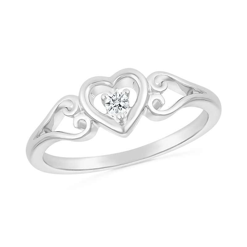 Main Image 1 of 1/20 CT. Diamond Solitaire Heart Scroll Shank Promise Ring in Sterling Silver