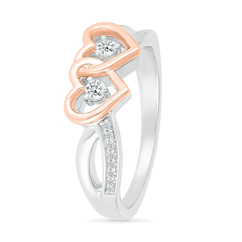 Main Image 2 of 1/8 CT. T.W. Diamond Interlocking Hearts Split Shank Promise Ring in Sterling Silver and 14K Rose Gold Plate