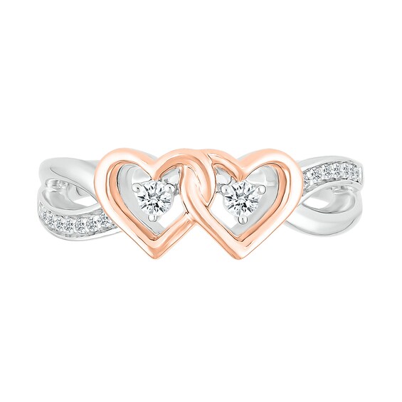 1/8 CT. T.w. Diamond Interlocking Hearts Split Shank Promise Ring in Sterling Silver and 14K Rose Gold Plate