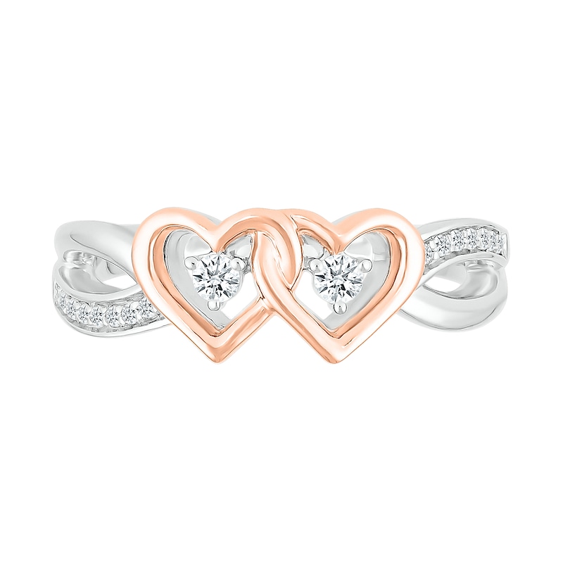 Main Image 3 of 1/8 CT. T.W. Diamond Interlocking Hearts Split Shank Promise Ring in Sterling Silver and 14K Rose Gold Plate