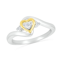 1/20 CT. T.W. Diamond Heart Three Stone Bypass Promise Ring in Sterling Silver and 14K Gold Plate