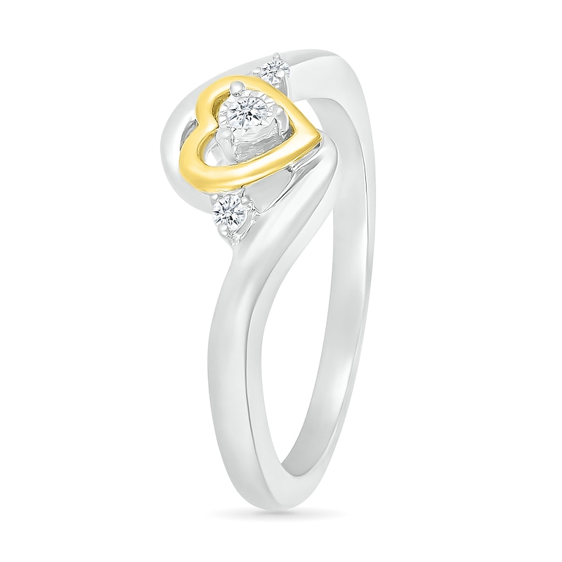 Main Image 2 of 1/20 CT. T.W. Diamond Heart Three Stone Bypass Promise Ring in Sterling Silver and 14K Gold Plate