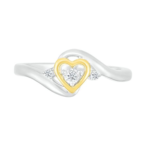 1/20 CT. T.w. Diamond Heart Three Stone Bypass Promise Ring in Sterling Silver and 14K Gold Plate