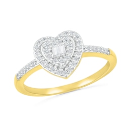 1/4 CT. T.W. Baguette and Round Diamond Double Heart Frame Promise Ring in 10K Gold