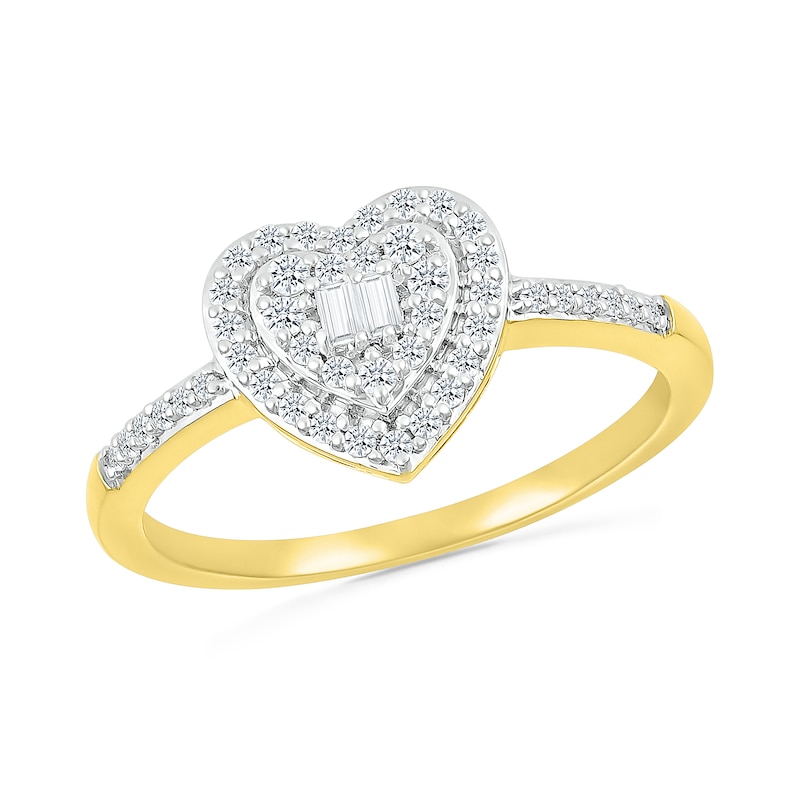 Main Image 1 of 1/4 CT. T.W. Baguette and Round Diamond Double Heart Frame Promise Ring in 10K Gold