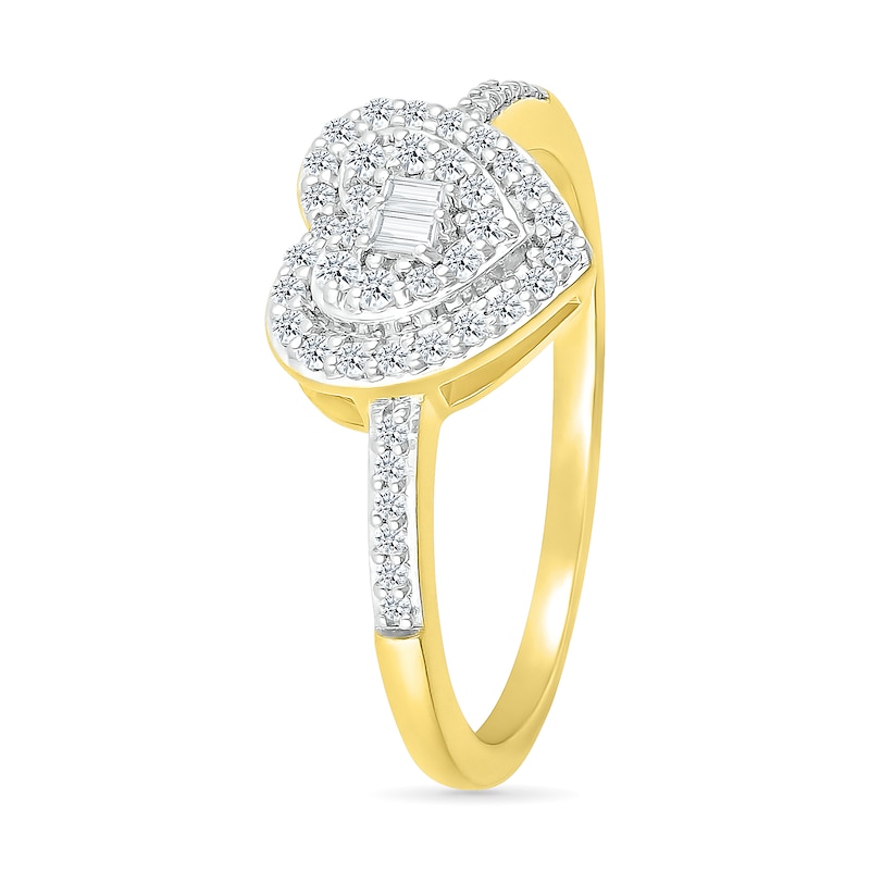 Main Image 2 of 1/4 CT. T.W. Baguette and Round Diamond Double Heart Frame Promise Ring in 10K Gold