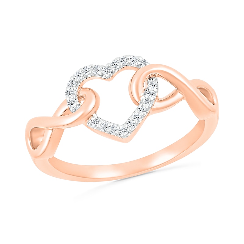 Main Image 1 of 1/10 CT. T.W. Diamond Interlocking Infinity-Sides Heart Promise Ring in 10K Rose Gold