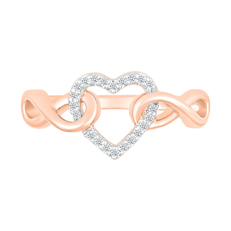 Main Image 3 of 1/10 CT. T.W. Diamond Interlocking Infinity-Sides Heart Promise Ring in 10K Rose Gold