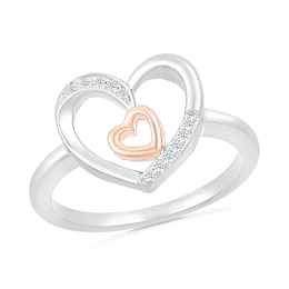 1/20 CT. T.W. Diamond Large and Tilted Small Heart Promise Ring in Sterling Silver and 10K Rose Gold