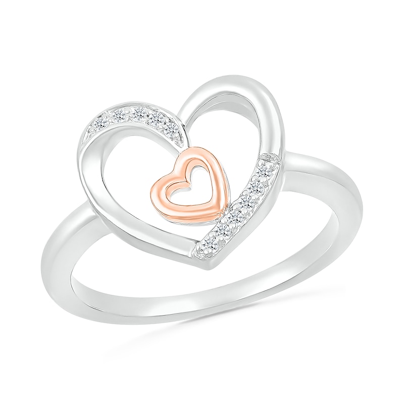Main Image 1 of 1/20 CT. T.W. Diamond Large and Tilted Small Heart Promise Ring in Sterling Silver and 10K Rose Gold