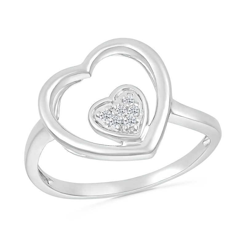Main Image 1 of 1/20 CT. T.W. Heart-Shaped Multi-Diamond Large and Small Open Frame Tilted Heart Promise Ring in Sterling Silver