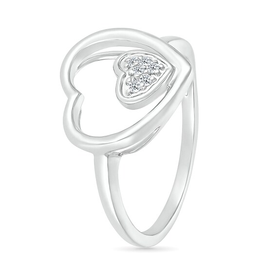 1/20 CT. T.w. Heart-Shaped Multi-Diamond Large and Small Open Frame Tilted Heart Promise Ring in Sterling Silver