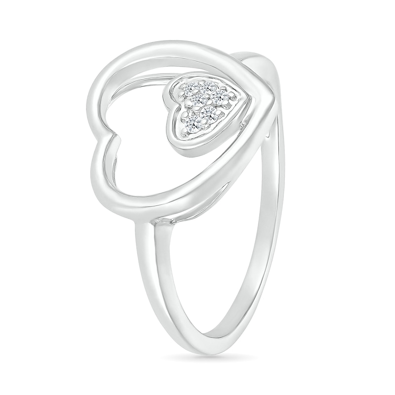 Main Image 2 of 1/20 CT. T.W. Heart-Shaped Multi-Diamond Large and Small Open Frame Tilted Heart Promise Ring in Sterling Silver