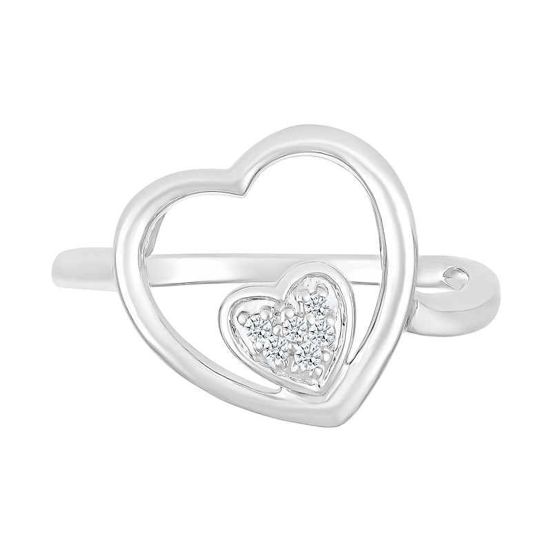 Main Image 3 of 1/20 CT. T.W. Heart-Shaped Multi-Diamond Large and Small Open Frame Tilted Heart Promise Ring in Sterling Silver