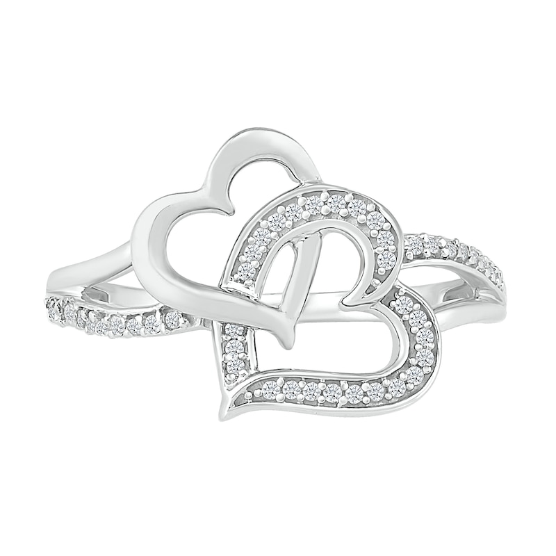 Main Image 2 of 1/6 CT. T.W. Diamond Tilted and Sideways Double Interlocking Hearts Split Shank Promise Ring in Sterling Silver