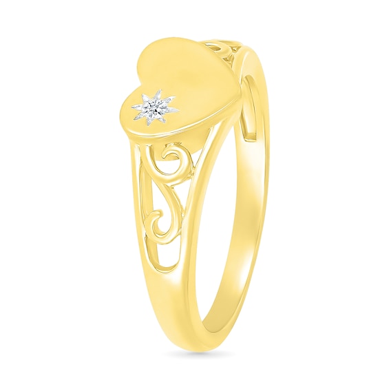 Diamond Accent Etched Sun Heart Scroll Open Shank Promise Ring in Sterling Silver with 14K Gold Plate