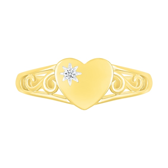 Diamond Accent Etched Sun Heart Scroll Open Shank Promise Ring in Sterling Silver with 14K Gold Plate