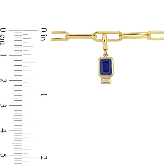Emerald-Cut Blue Lab-Created Sapphire and White Lab-Created Sapphire Charm Paper Clip Bracelet in 14K Gold