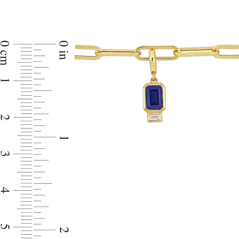 Emerald-Cut Blue Lab-Created Sapphire and White Lab-Created Sapphire Charm Paper Clip Bracelet in 14K Gold