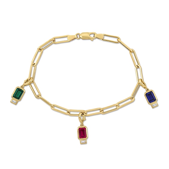Emerald-Cut Lab-Created Ruby, Lab-Created Emerald, Blue and White Lab-Created Sapphire Paper Clip Bracelet in 14K Gold