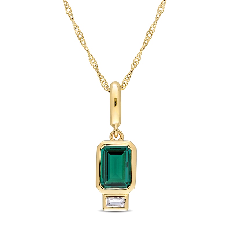 Emerald-Cut Lab-Created Emerald and White Lab-Created Sapphire Charm Pendant in 14K Gold