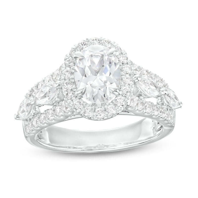 Main Image 1 of 2-1/2 CT. T.W. Certified Oval Lab-Grown Diamond Frame Triple Row Engagement Ring in 14K White Gold (F/VS2)