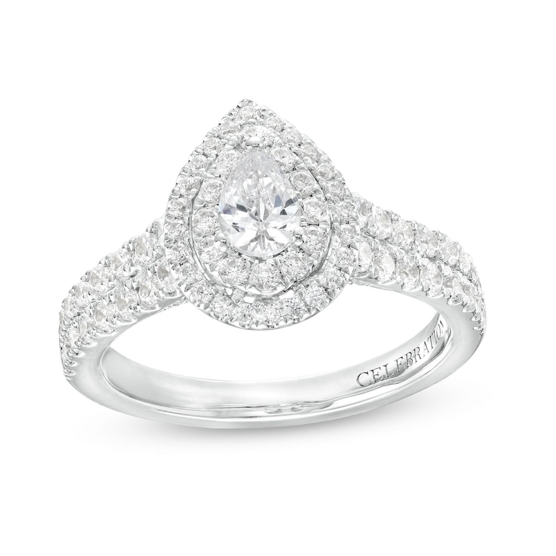 Main Image 1 of Celebration Infinite™ 1-1/5 CT. T.W. Certified Pear-Shaped Diamond Frame Engagement Ring in 14K White Gold (I/SI2)