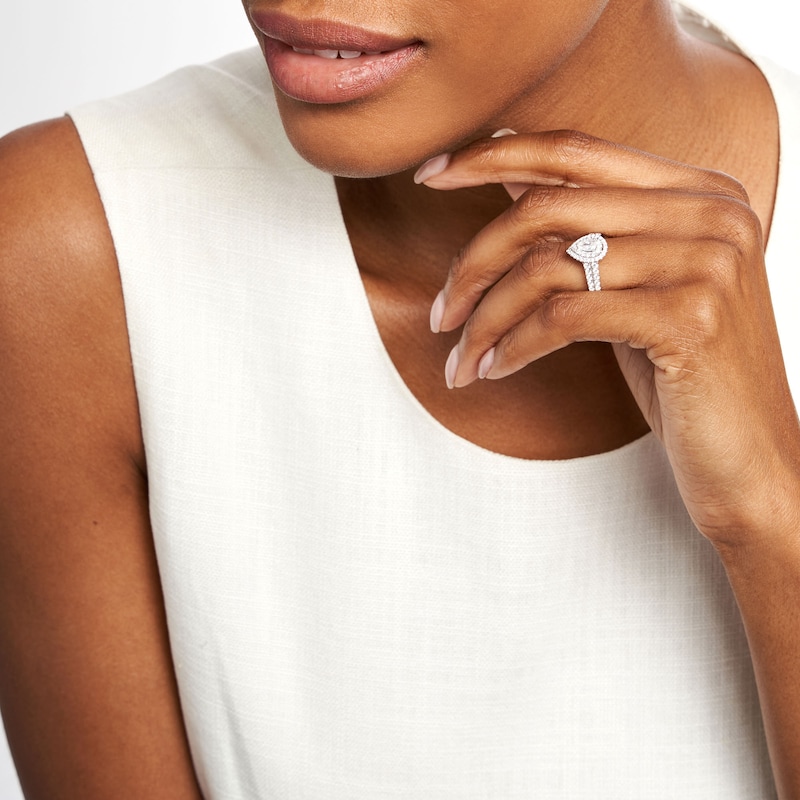 Main Image 2 of Celebration Infinite™ 1-1/5 CT. T.W. Certified Pear-Shaped Diamond Frame Engagement Ring in 14K White Gold (I/SI2)