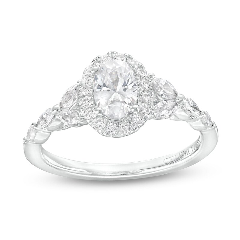 Main Image 1 of Celebration Infinite™ 1-1/2 CT. T.W. Certified Oval Diamond Frame Split Shank Engagement Ring in 14K White Gold (I/SI2)