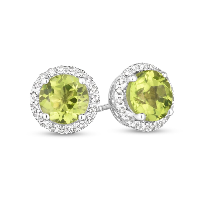Main Image 1 of 6.0mm Peridot and 1/6 CT. T.W. Diamond Frame Stud Earrings in 14K White Gold