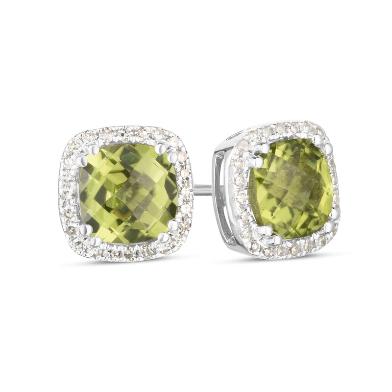 Main Image 1 of 6.0mm Cushion-Shaped Peridot and 1/6 CT. T.W. Diamond Frame Stud Earrings in 14K White Gold