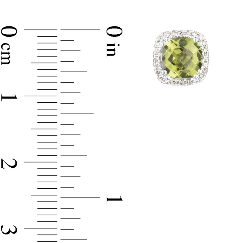 Main Image 3 of 6.0mm Cushion-Shaped Peridot and 1/6 CT. T.W. Diamond Frame Stud Earrings in 14K White Gold