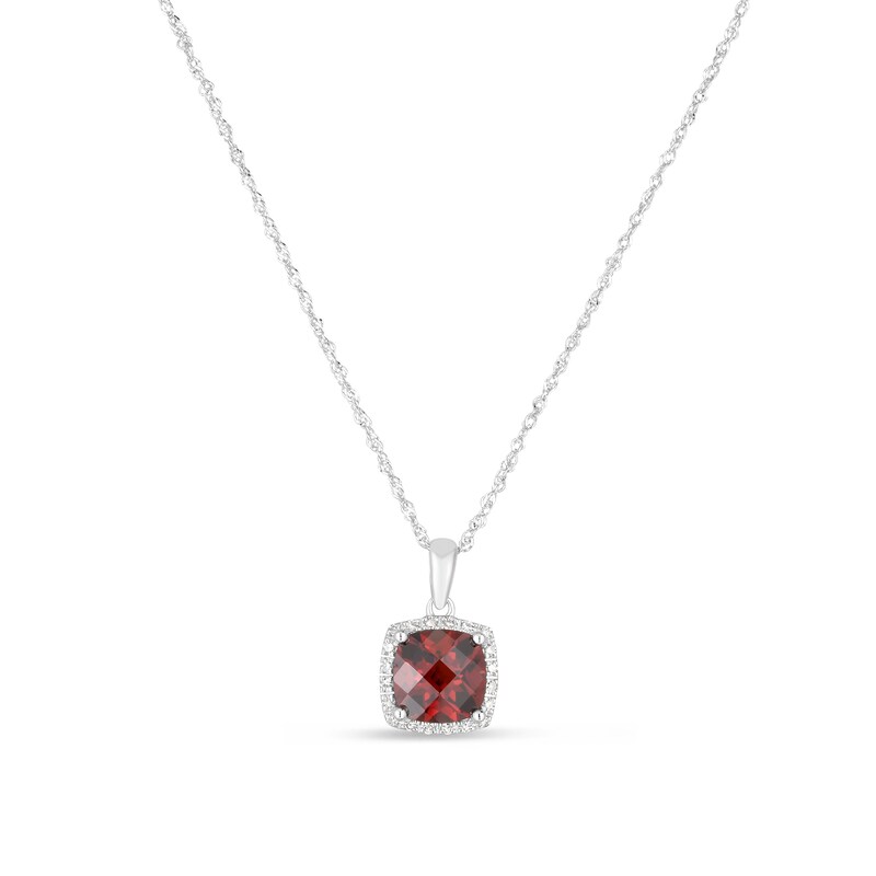 Main Image 1 of 7.0mm Cushion-Shaped Garnet and 1/15 CT. T.W. Diamond Frame Drop Pendant in 14K White Gold